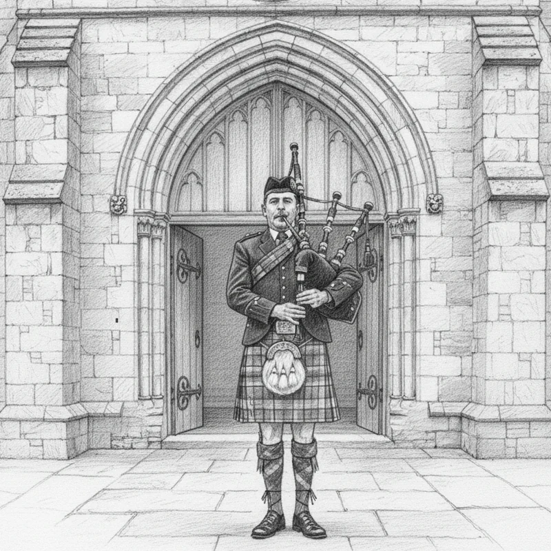 Pencil drawing of a piper standing in a stone church archway