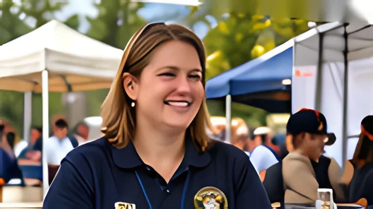 A smiling volunteer in a band polo shirt helping at an outdoor event stall