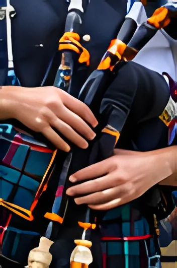 Close-up of a piper’s hands playing the bagpipe chanter