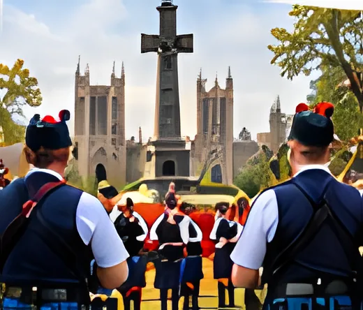 Pipers at a war memorial cross in front of a cathedral