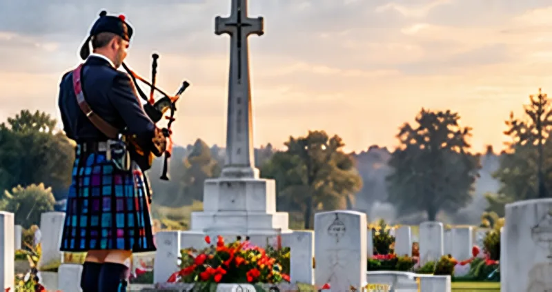 A lone piper plays beside a stone memorial cross among white headstones at sunset