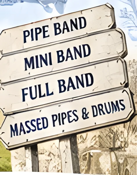 A wooden signpost with boards pointing to Pipe Band, Mini Band, Full Band and Massed Pipes & Drums