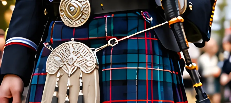 Close-up of a piper’s tartan kilt, silver sporran and polished belt buckle