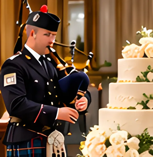 A piper plays beside a three-tier white wedding cake decorated with cream roses