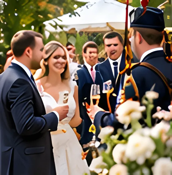 A smiling bride and groom greet guests with champagne at an outdoor drinks reception while a piper looks on