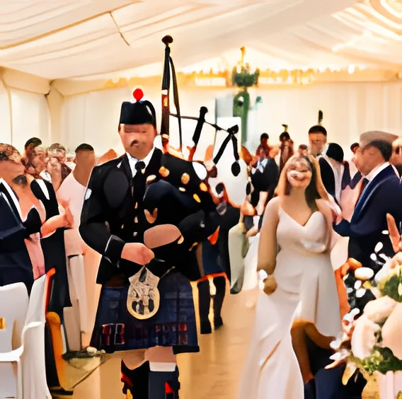 A piper leads the bride into a white marquee as guests stand and applaud on either side
